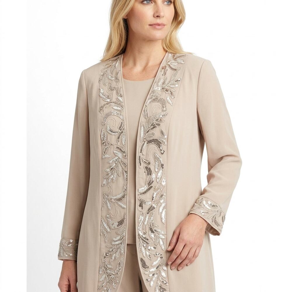 NWT LE BOS Beige Chiffon Lined Embroidered Beaded Jacket Women Size 22W